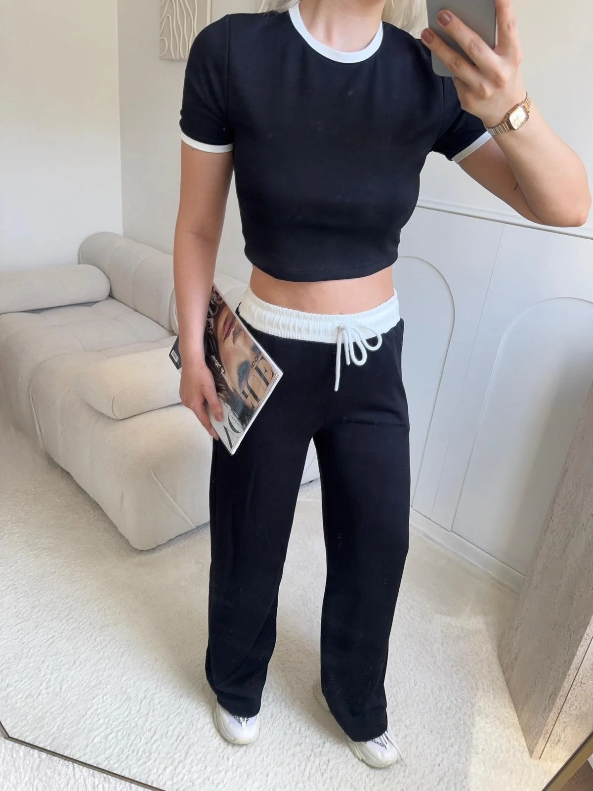 Biyeli Crop & Pantolon Takım - SİYAH