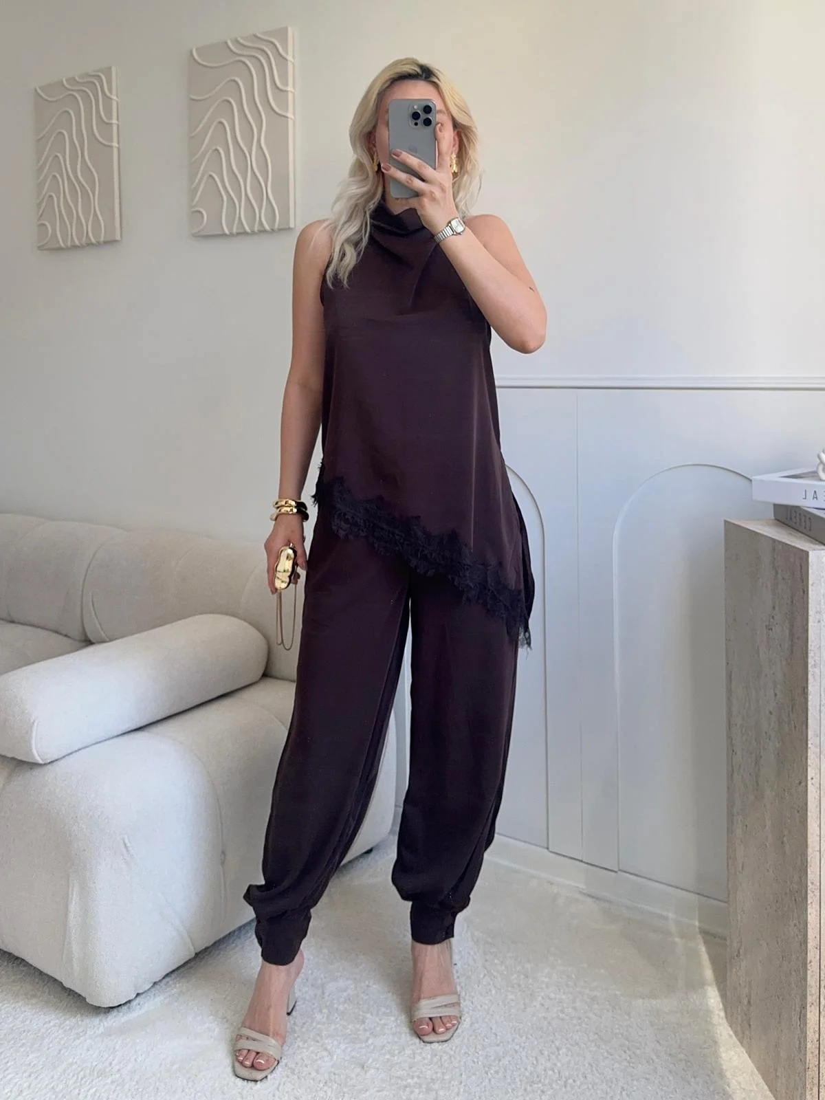 Dantel Detay Bluz Pantolon Takım - KAHVE