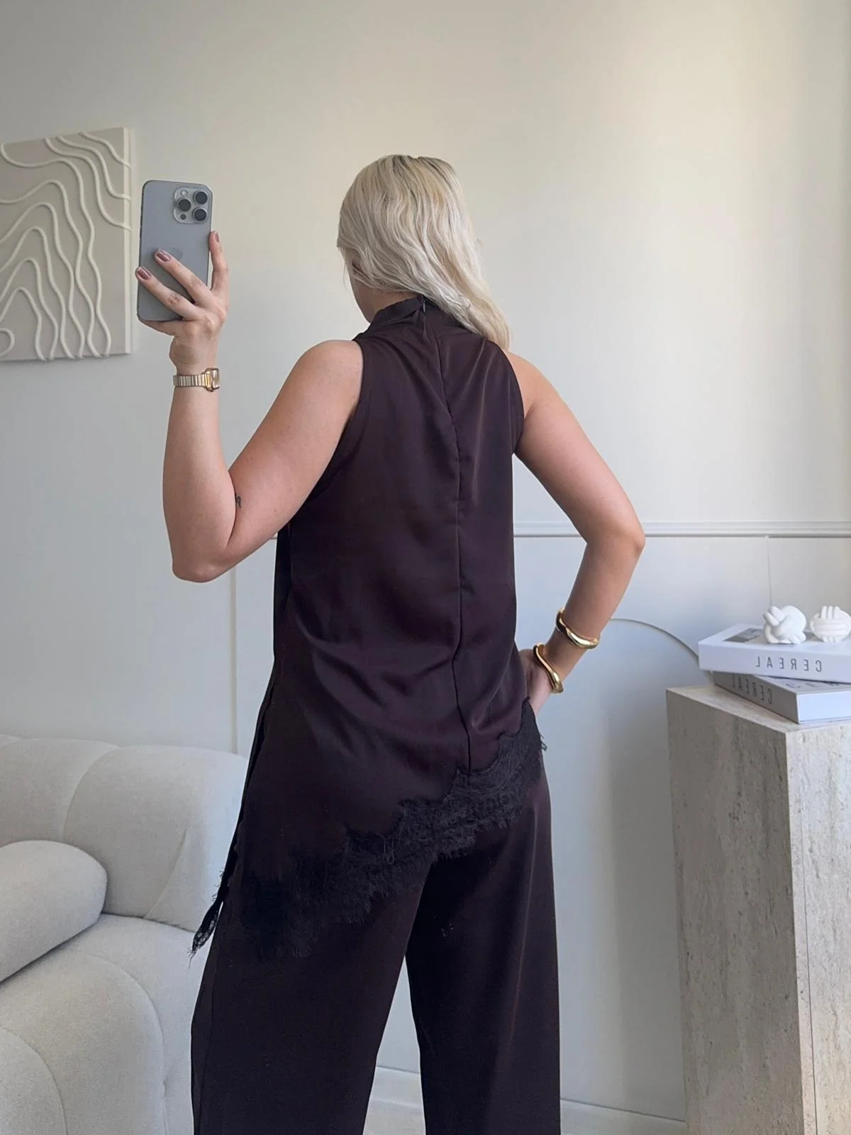 Dantel Detay Bluz Pantolon Takım - KAHVE