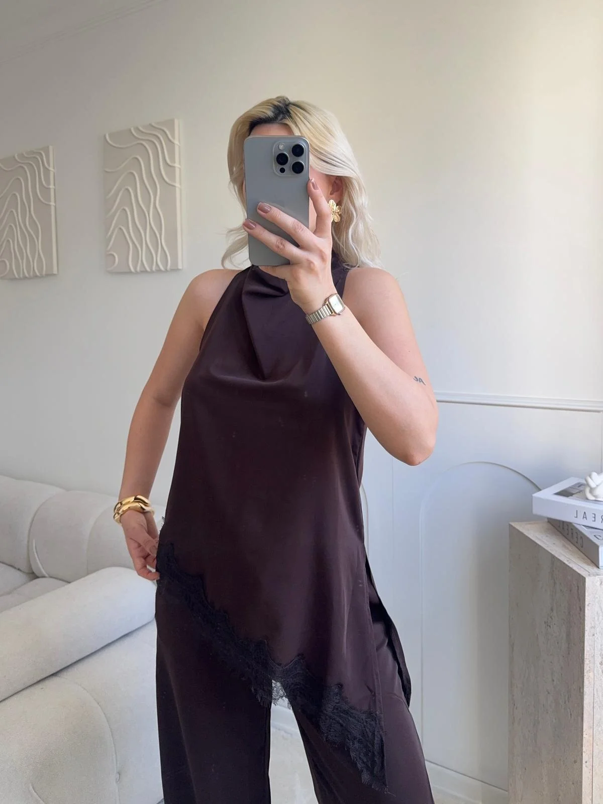 Dantel Detay Bluz Pantolon Takım - KAHVE