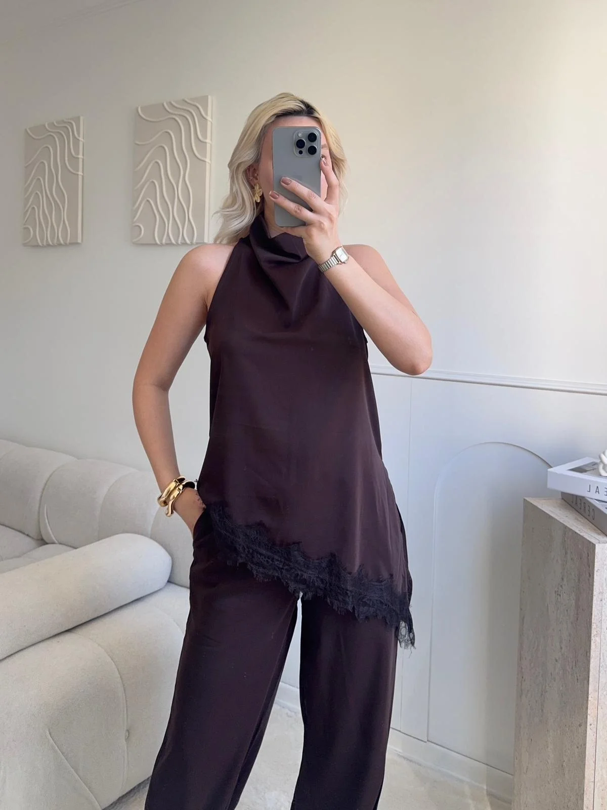 Dantel Detay Bluz Pantolon Takım - KAHVE