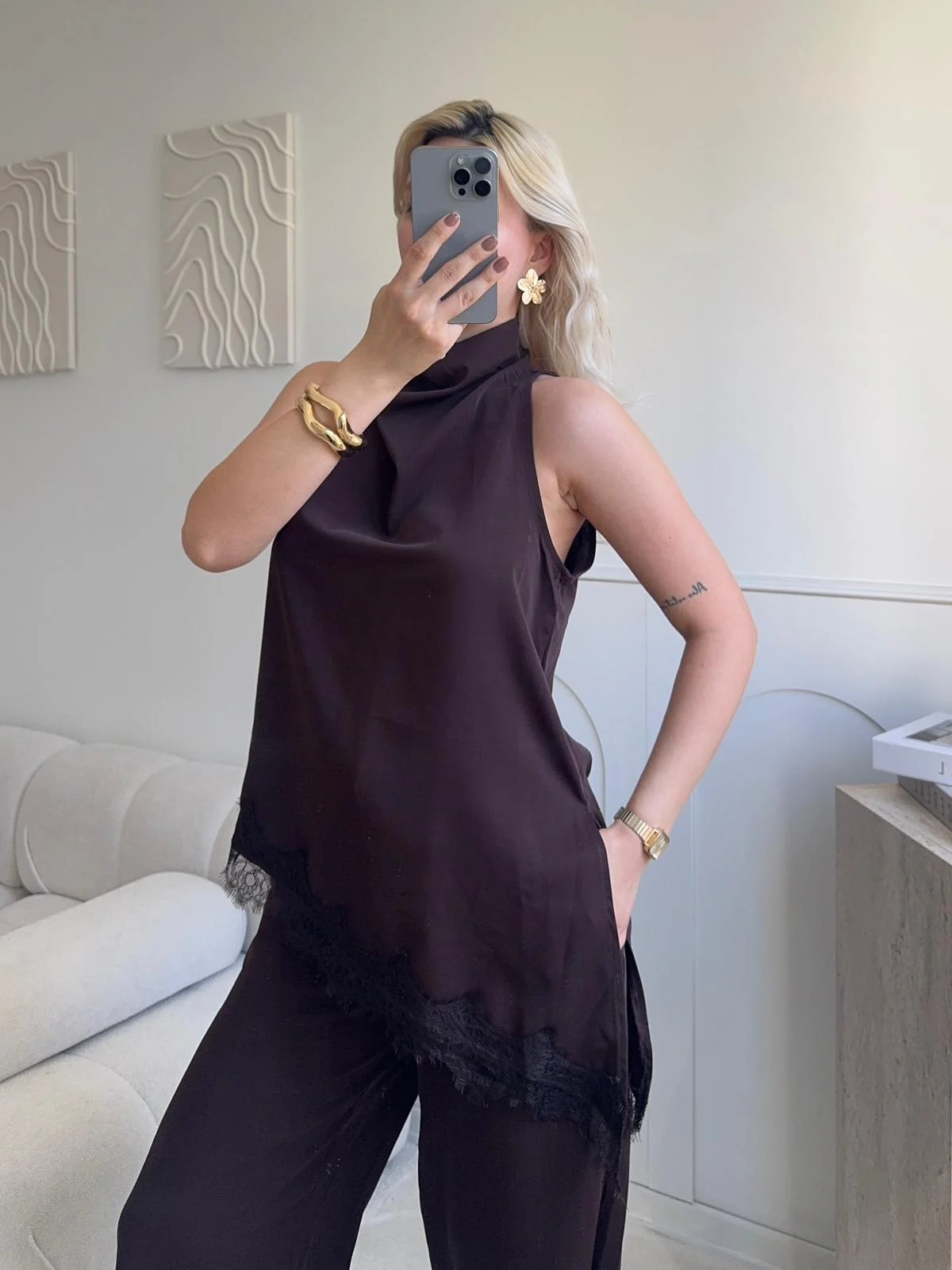 Dantel Detay Bluz Pantolon Takım - KAHVE
