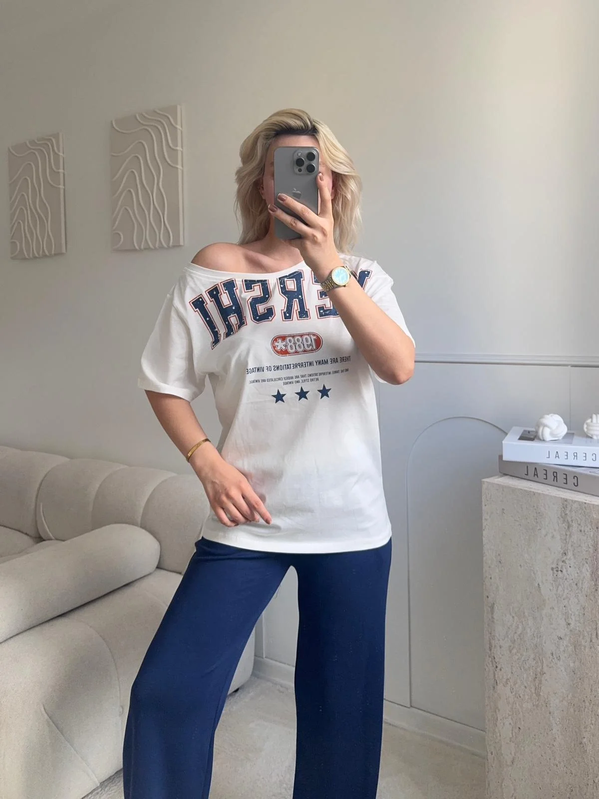Kayık Yaka Mershi Tshirt - BEYAZ