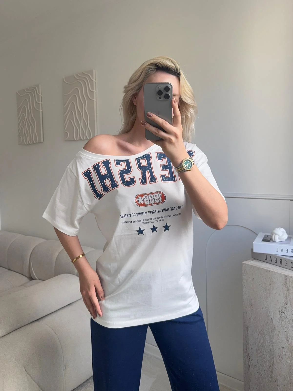 Kayık Yaka Mershi Tshirt - BEYAZ