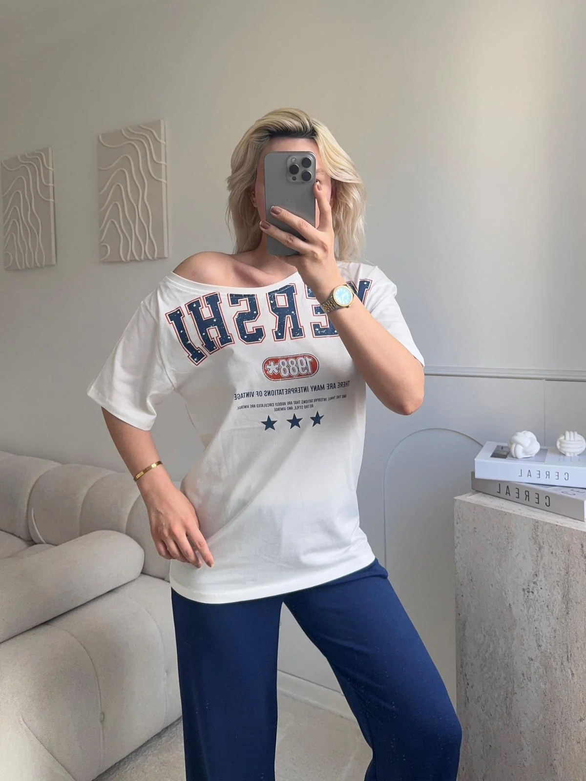 Kayık Yaka Mershi Tshirt - BEYAZ