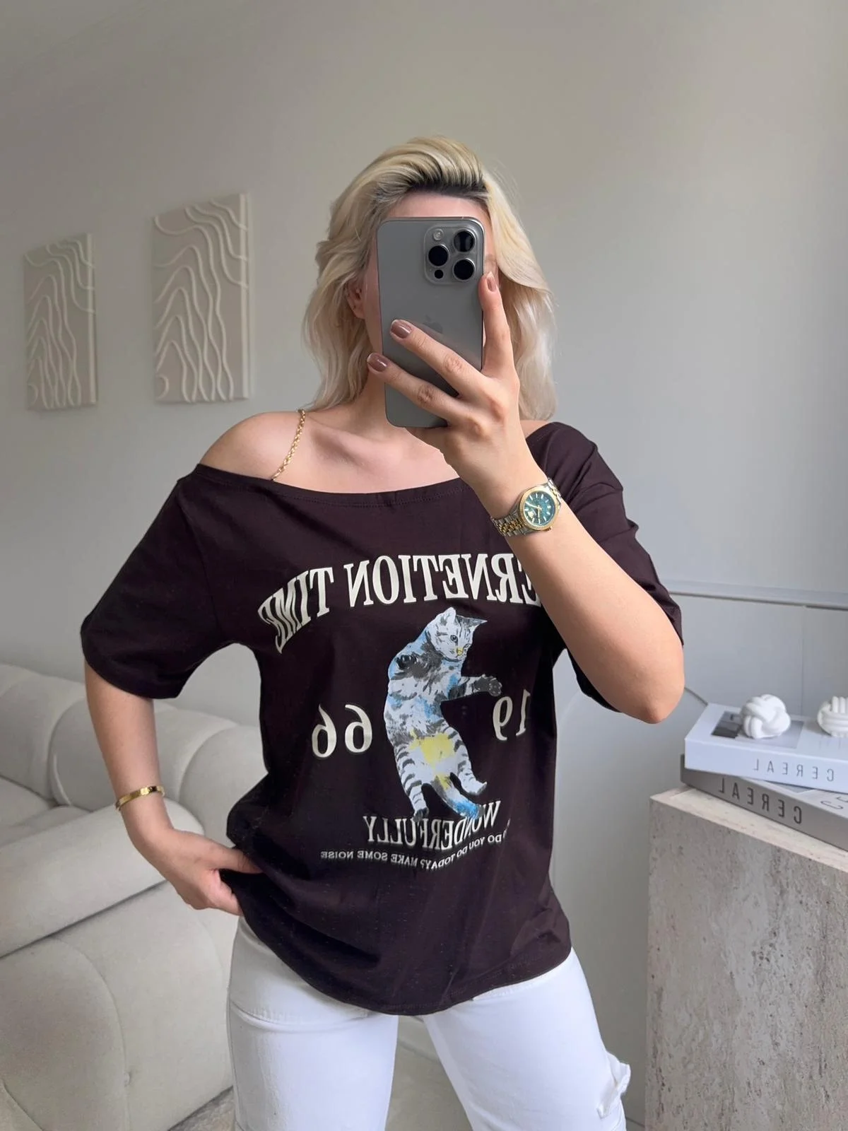 Düşük Omuz Oversize Tshirt - KAHVE