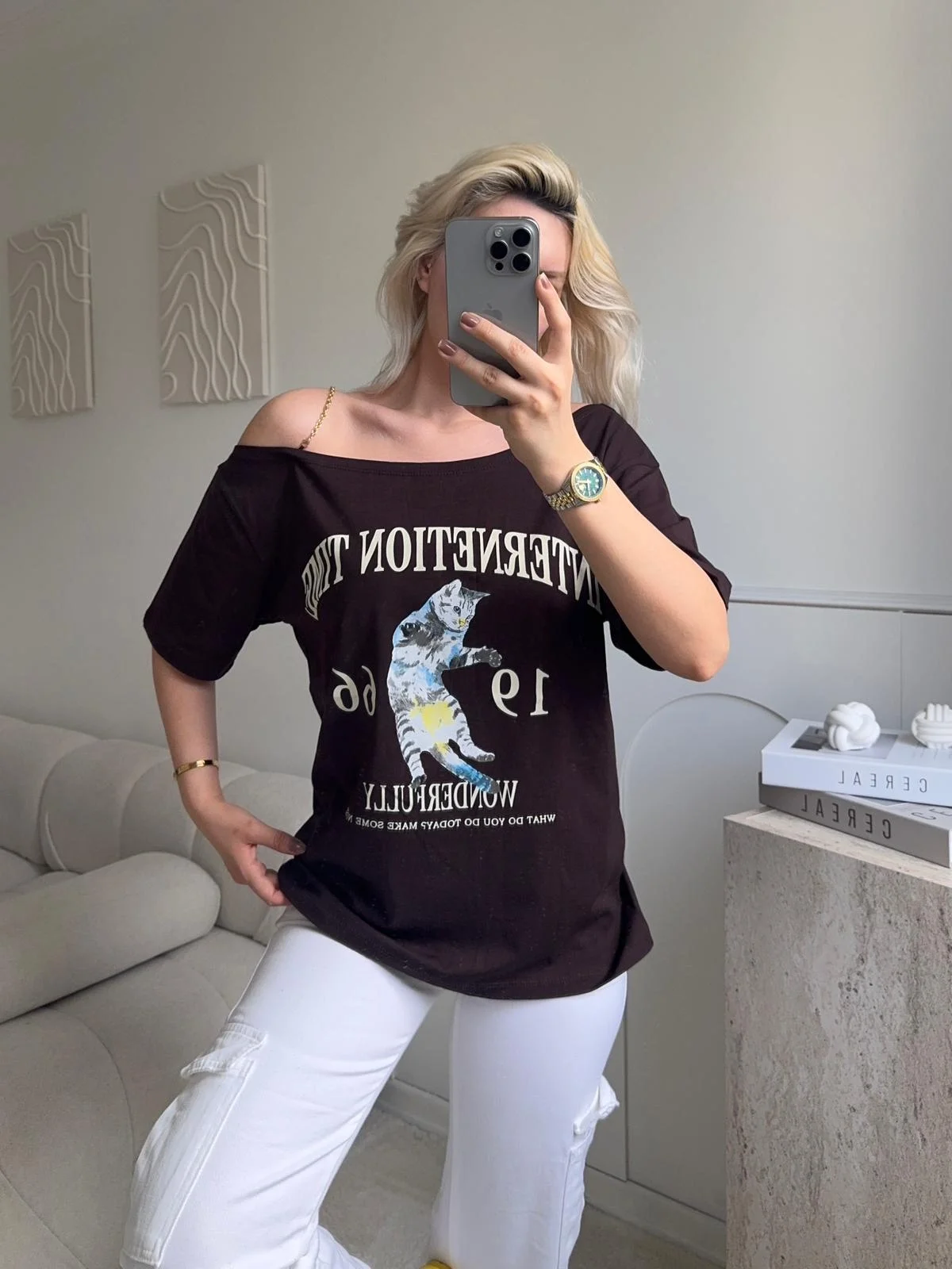 Düşük Omuz Oversize Tshirt - KAHVE