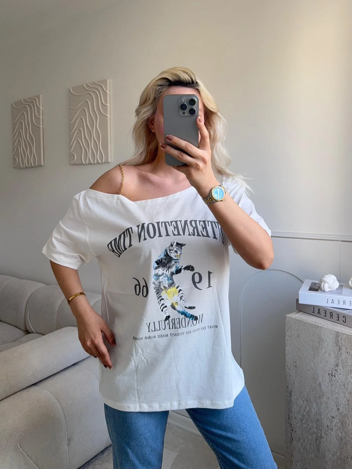 Düşük Omuz Oversize Tshirt - BEYAZ
