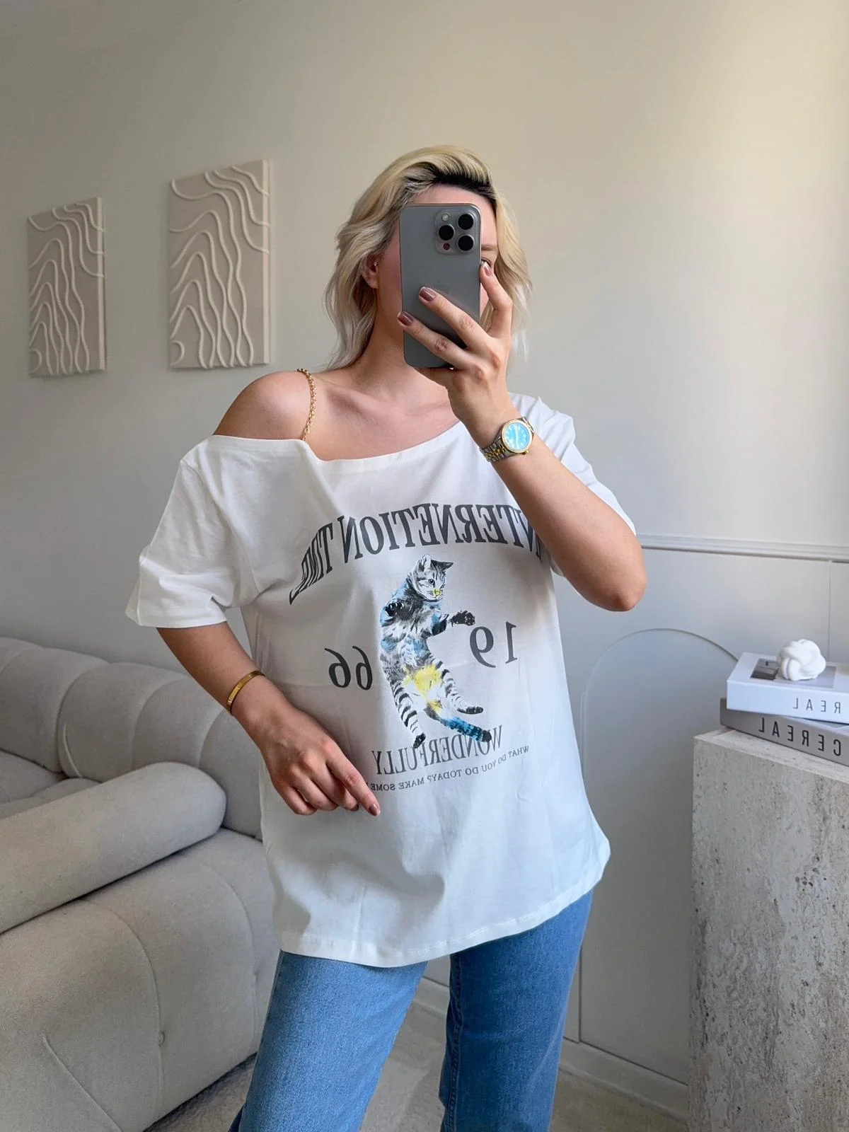 Düşük Omuz Oversize Tshirt - BEYAZ