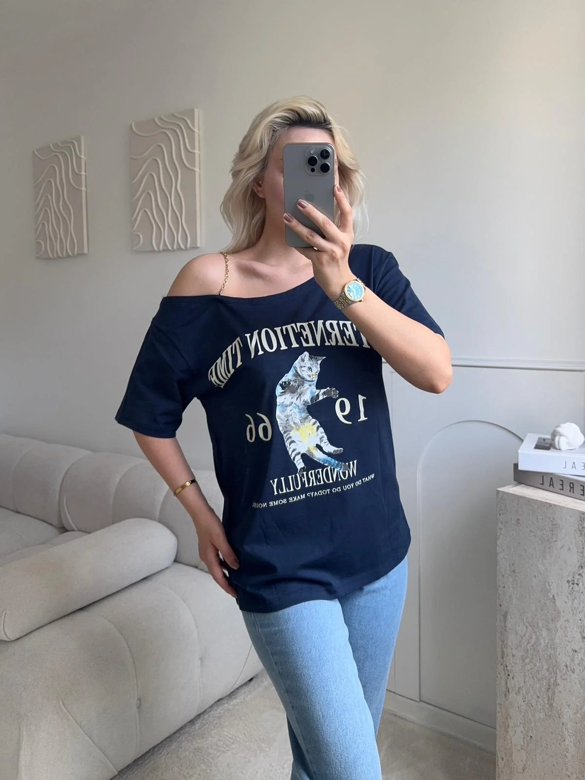 Düşük Omuz Oversize Tshirt - LACİVERT