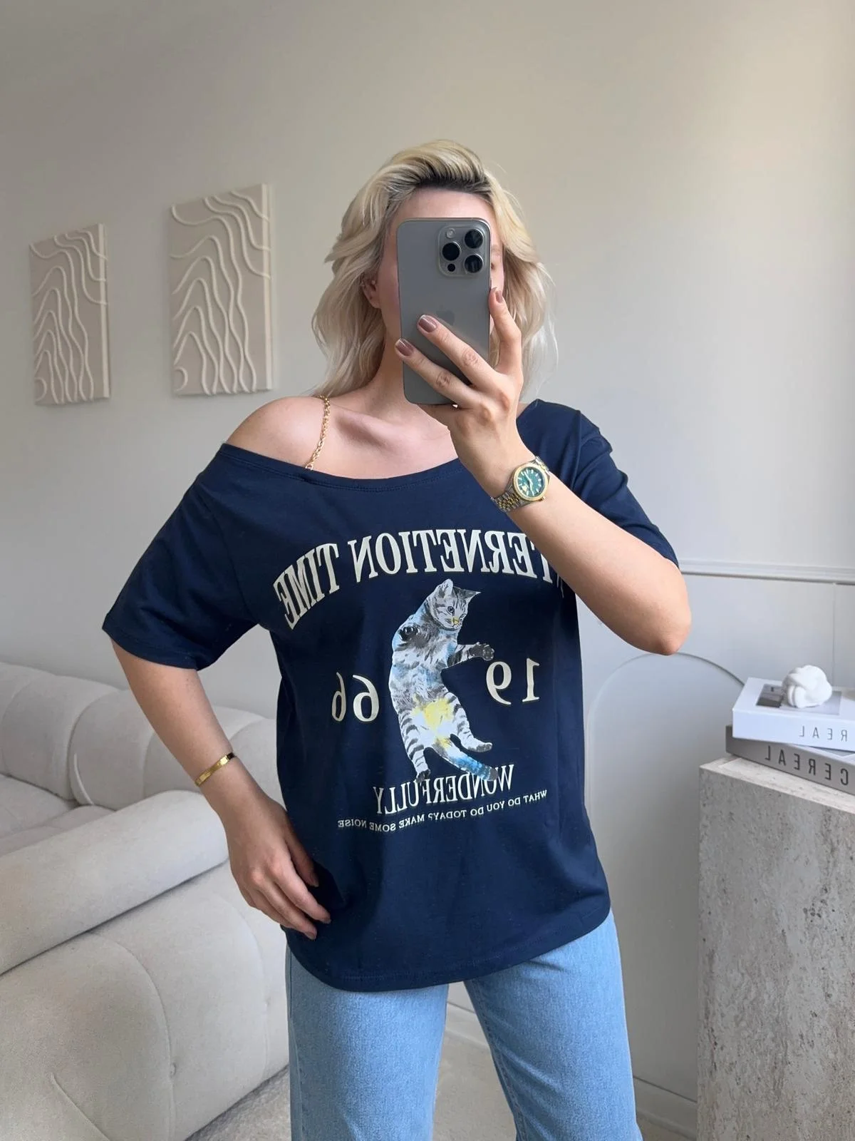 Düşük Omuz Oversize Tshirt - LACİVERT