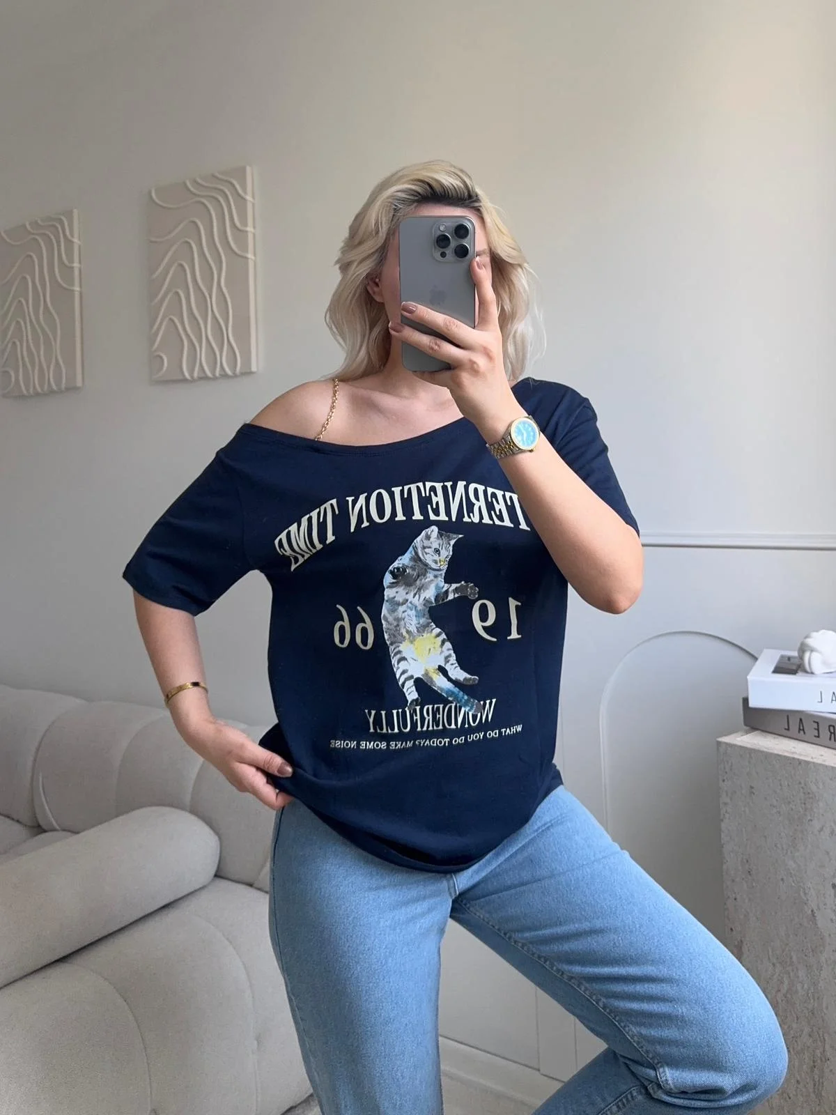 Düşük Omuz Oversize Tshirt - LACİVERT