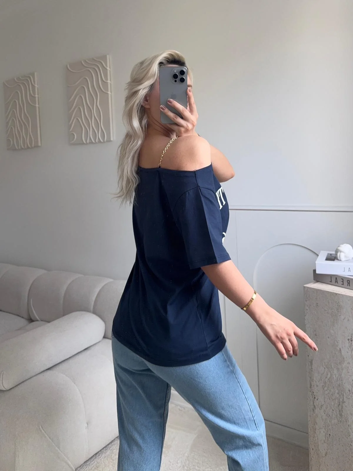 Düşük Omuz Oversize Tshirt - LACİVERT