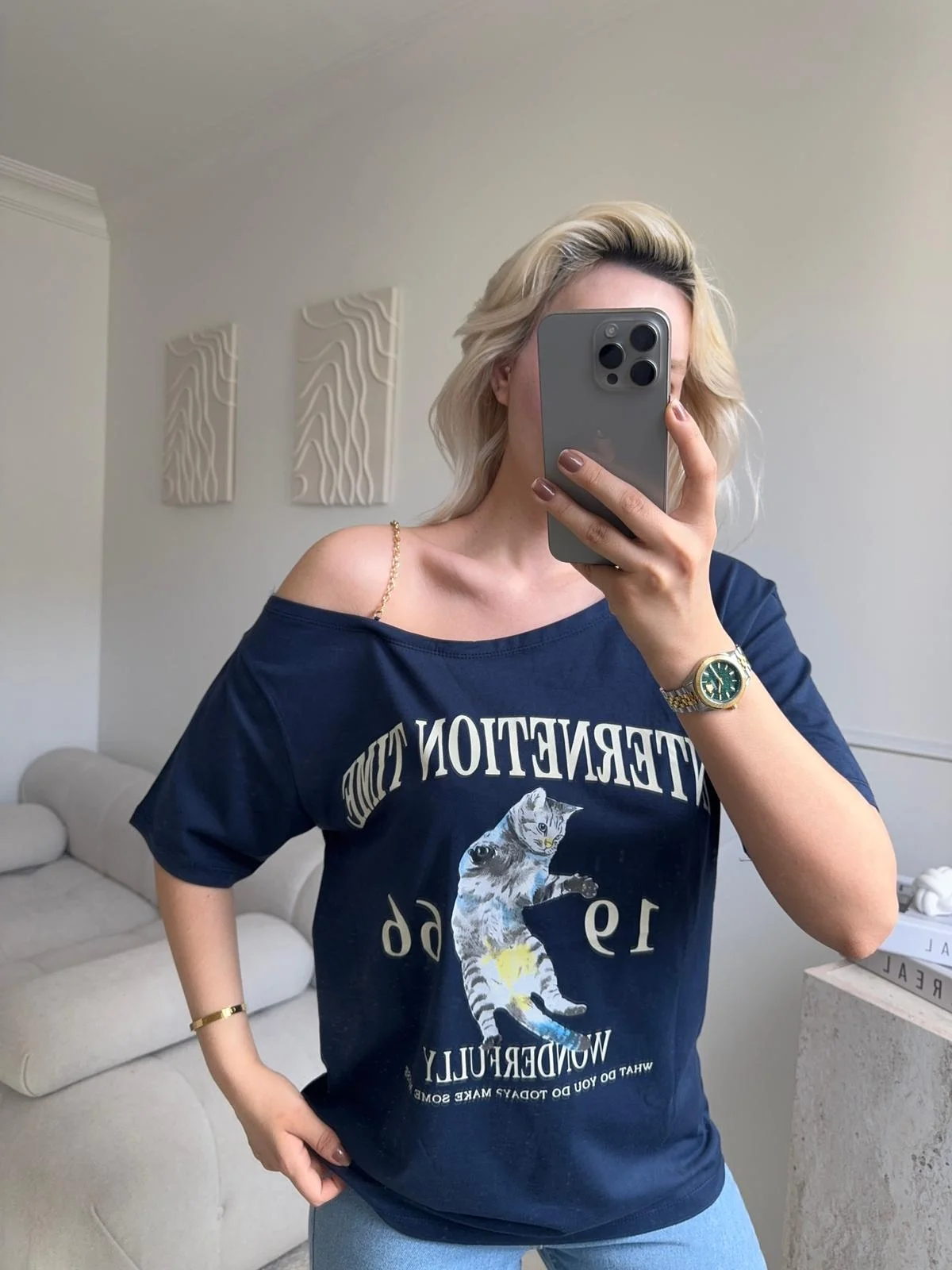 Düşük Omuz Oversize Tshirt - LACİVERT