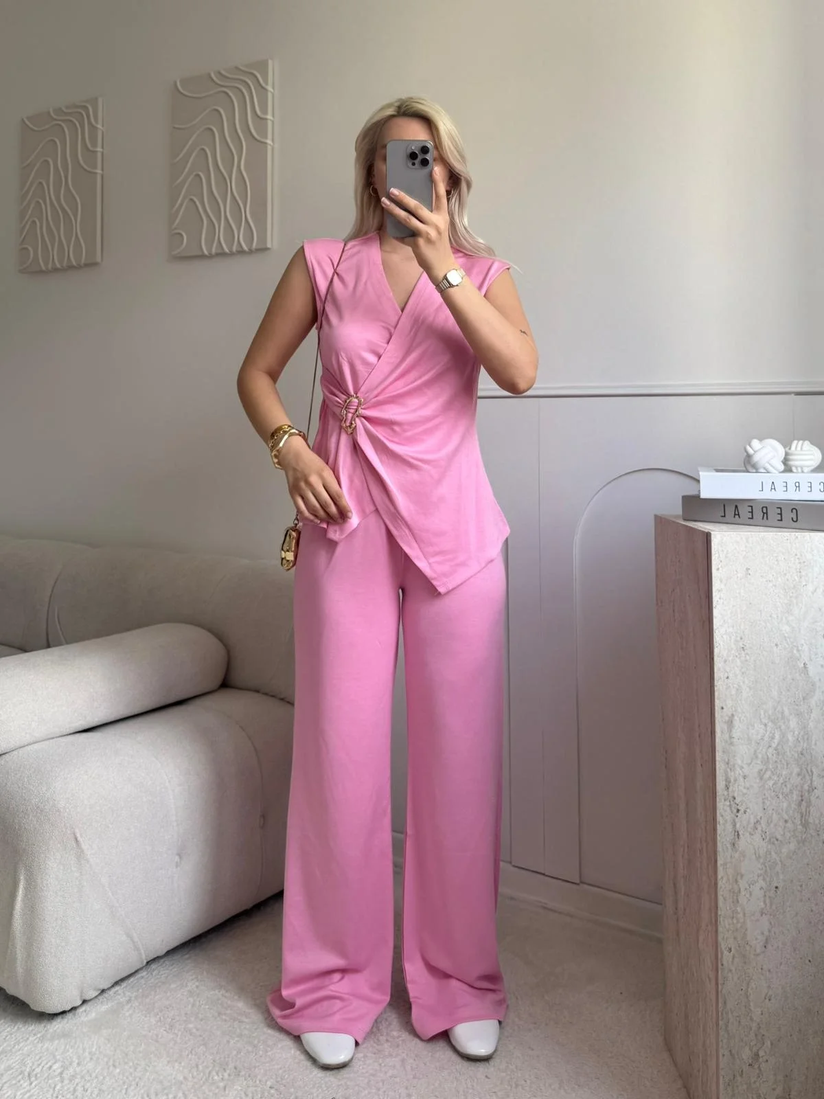 Kruvaze Tokalı Modal İkili Takım - PEMBE