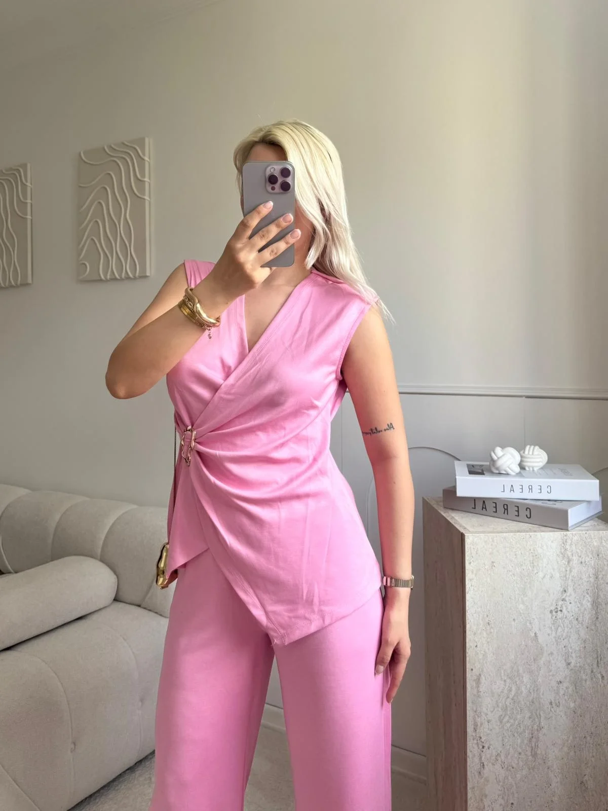 Kruvaze Tokalı Modal İkili Takım - PEMBE
