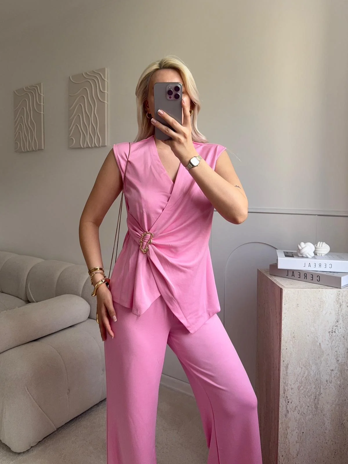 Kruvaze Tokalı Modal İkili Takım - PEMBE