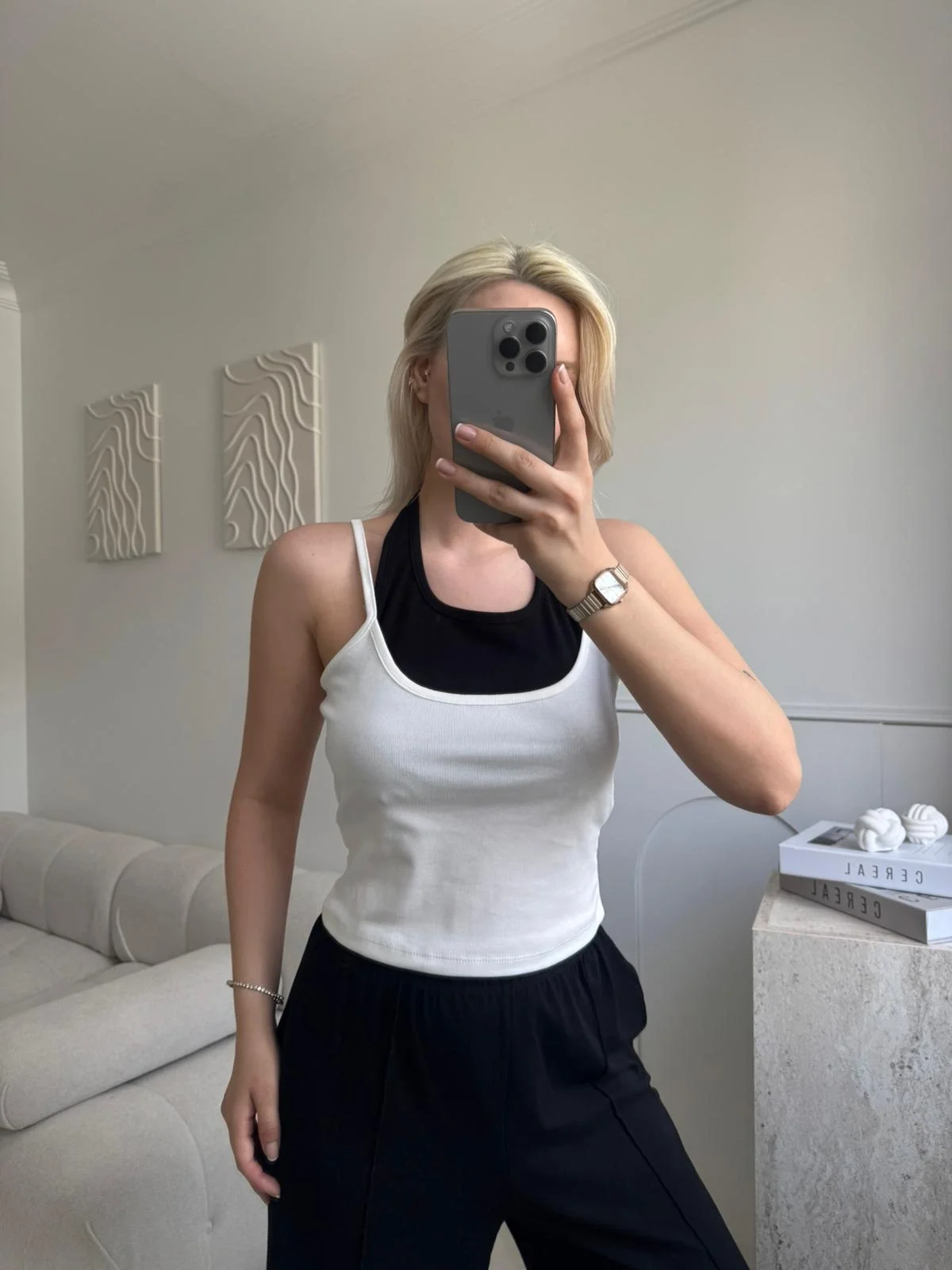 Boyun Geçmeli Parçalı Crop - BEYAZ