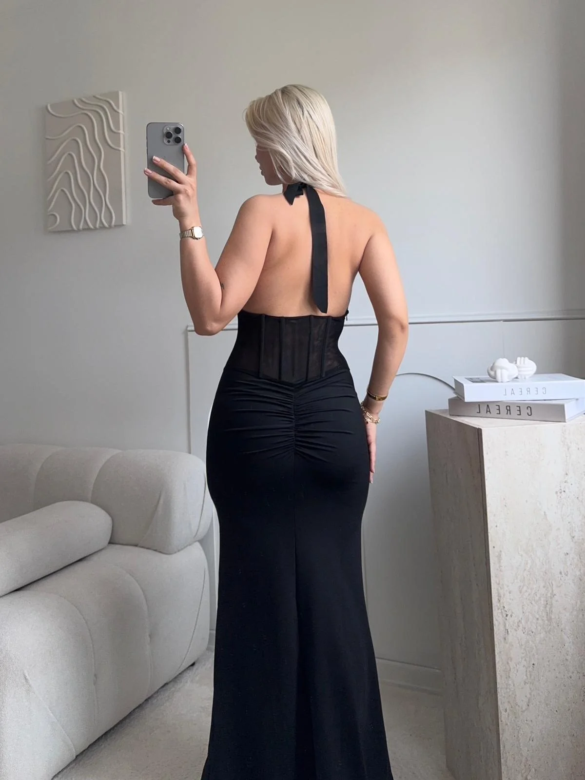Güpür Korseli Maxi Elbise - SİYAH
