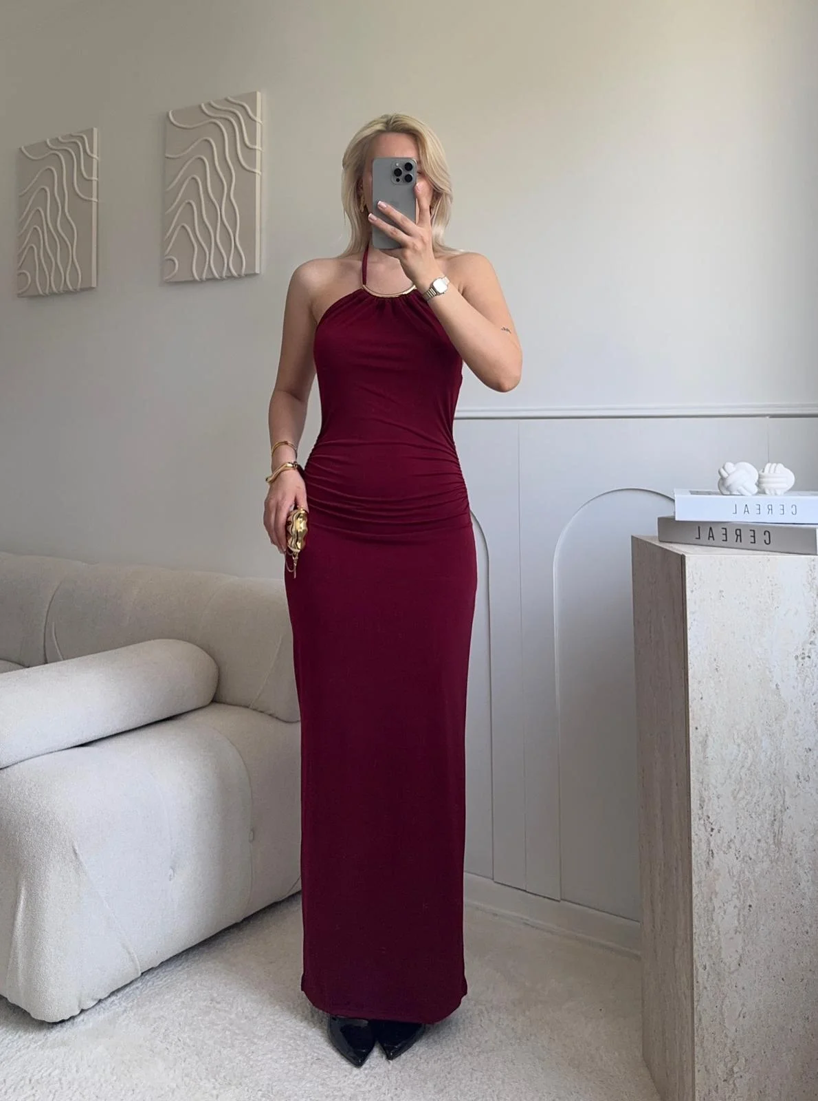 Halter Yaka Aksesuarlı Elbise - BORDO