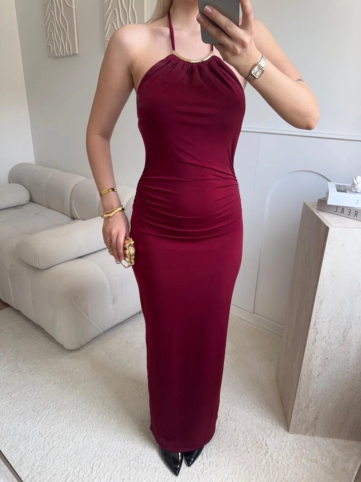 Halter Yaka Aksesuarlı Elbise - BORDO