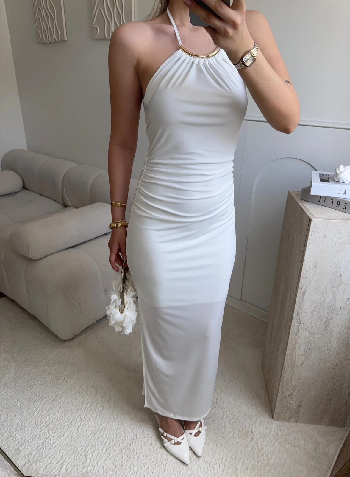 Halter Yaka Aksesuarlı Elbise - BEYAZ