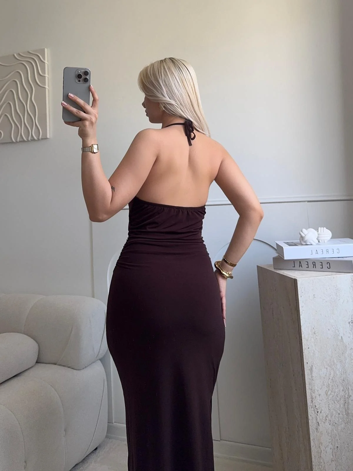 Halter Yaka Aksesuarlı Elbise - KAHVE