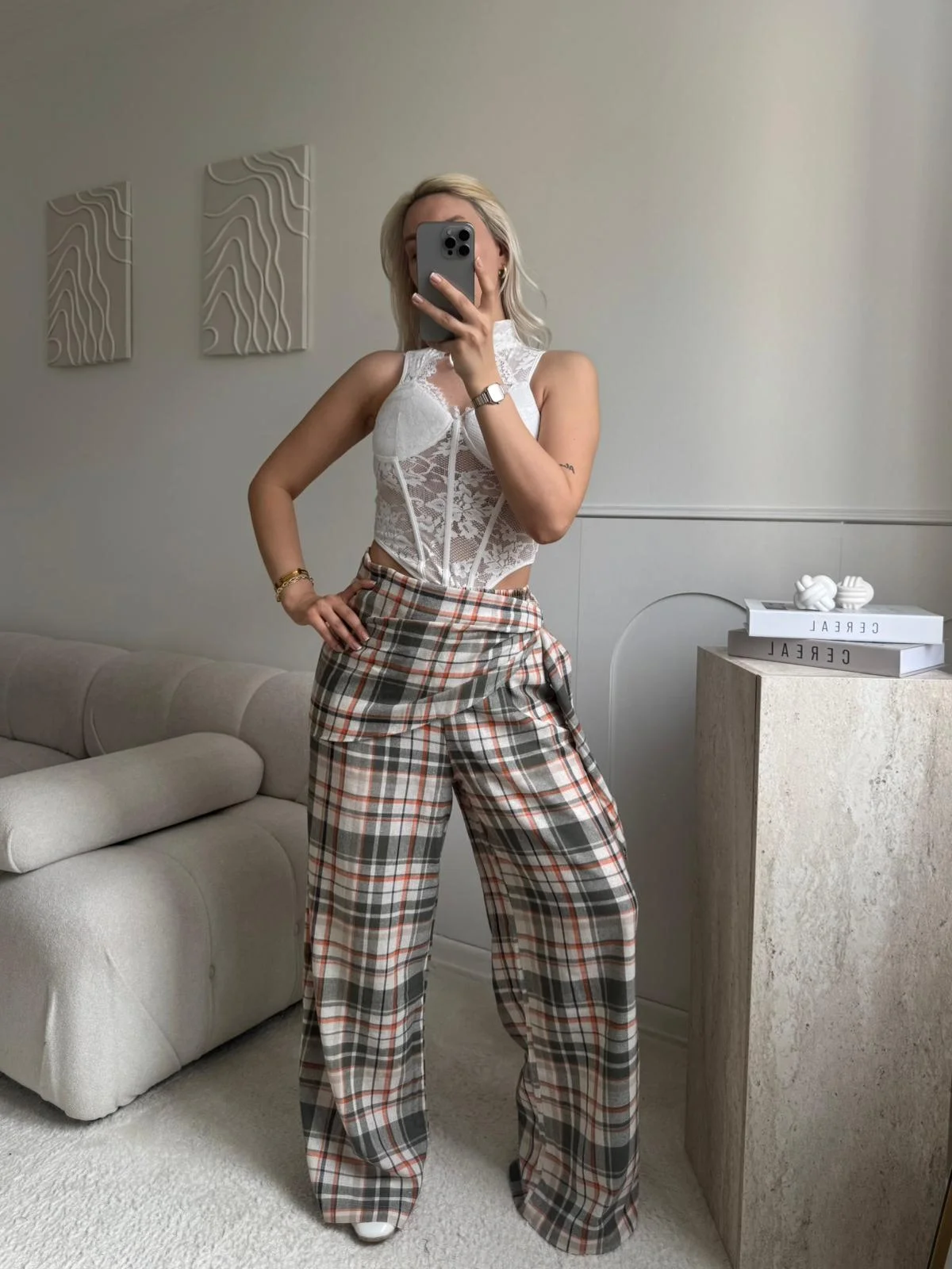 Bel Fular Ekose Pantolon - HAKİ