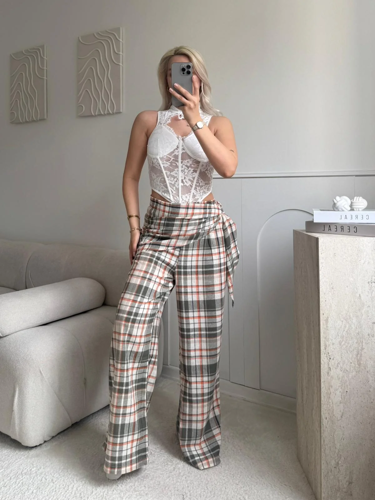 Bel Fular Ekose Pantolon - HAKİ