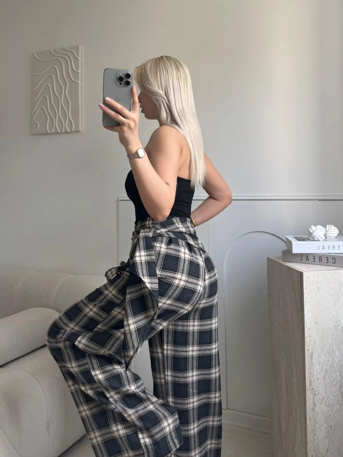 Bel Fular Ekose Pantolon - SİYAH