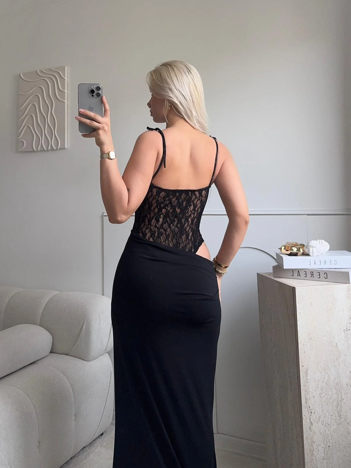 Güpür Korseli Maxi Elbise - SİYAH
