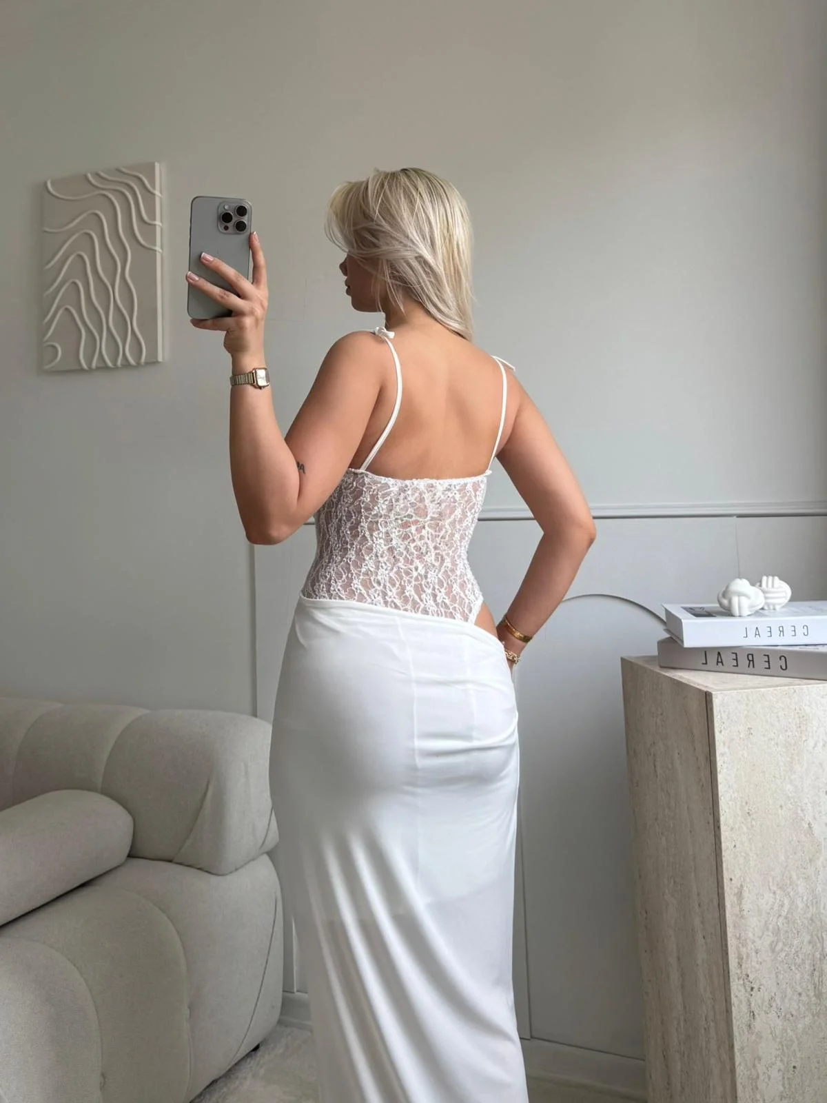 Güpür Korseli Maxi Elbise - BEYAZ