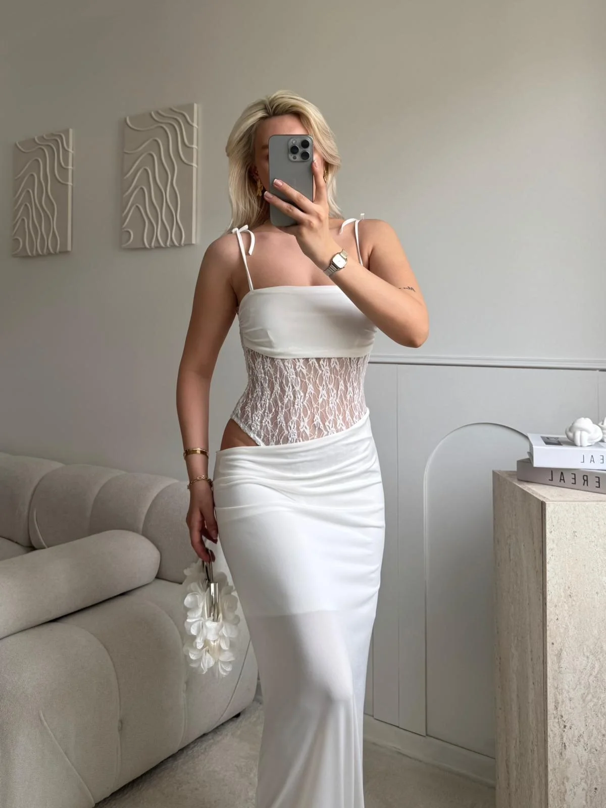 Güpür Korseli Maxi Elbise - BEYAZ