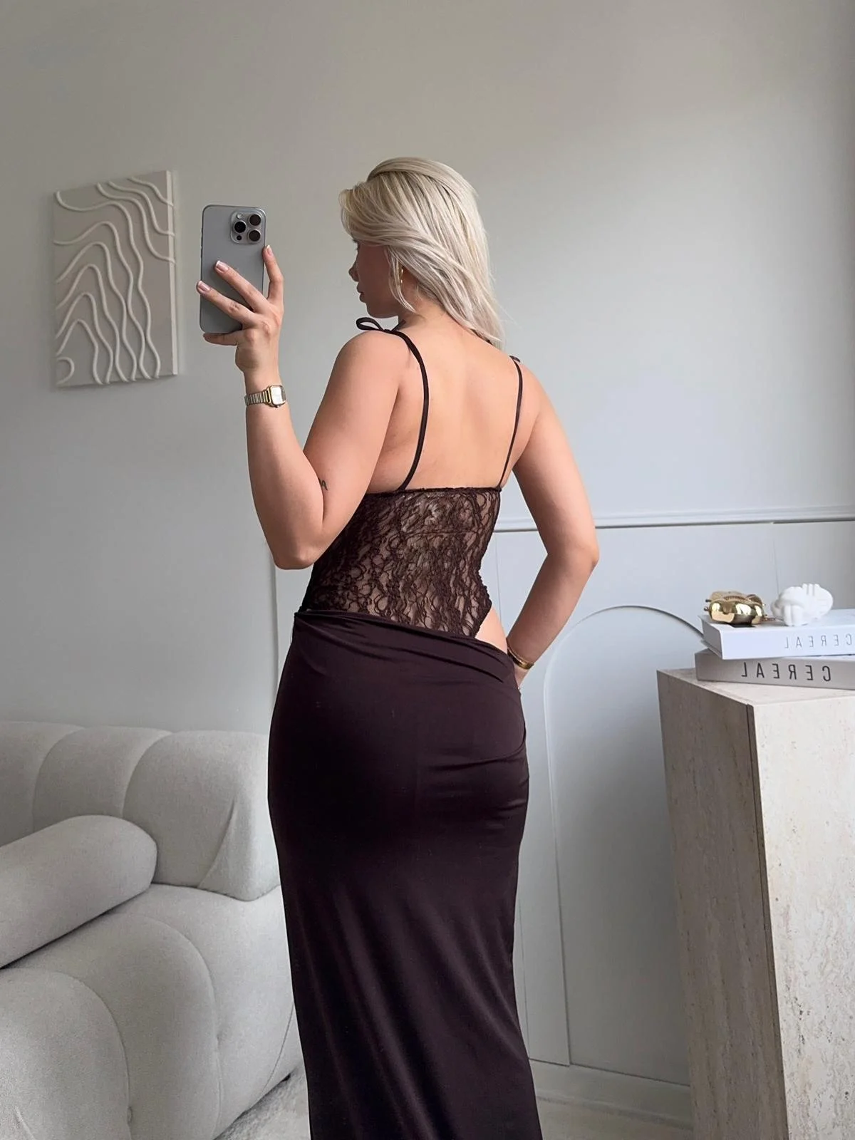 Güpür Korseli Maxi Elbise - KAHVE