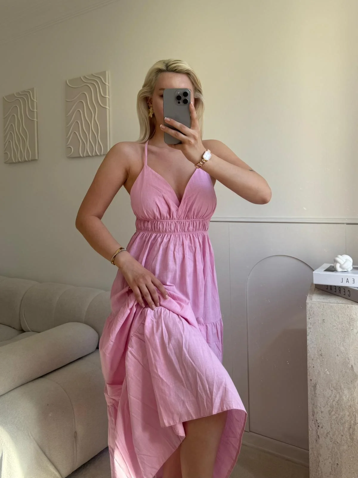 Sırt Çapraz Askılı Elbise - PEMBE