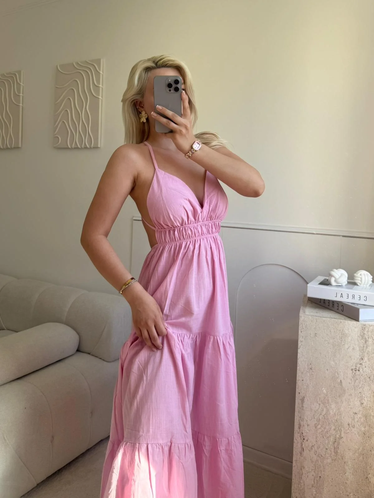 Sırt Çapraz Askılı Elbise - PEMBE