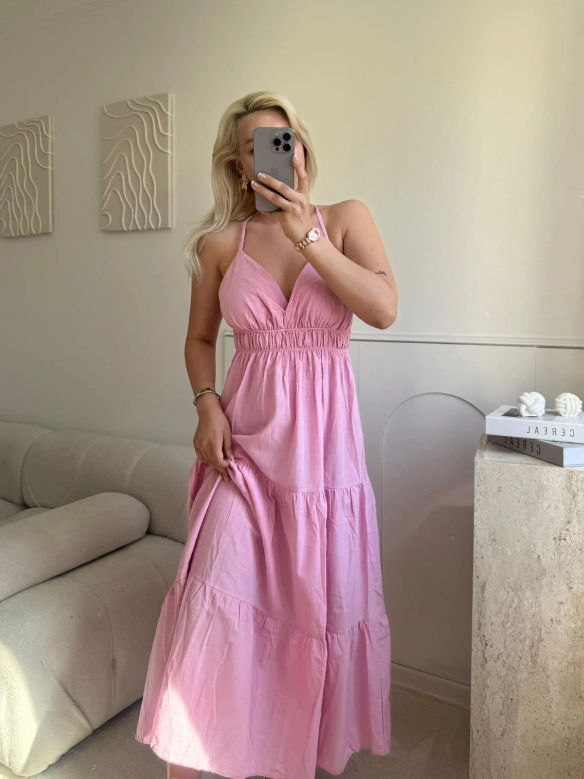 Sırt Çapraz Askılı Elbise - PEMBE