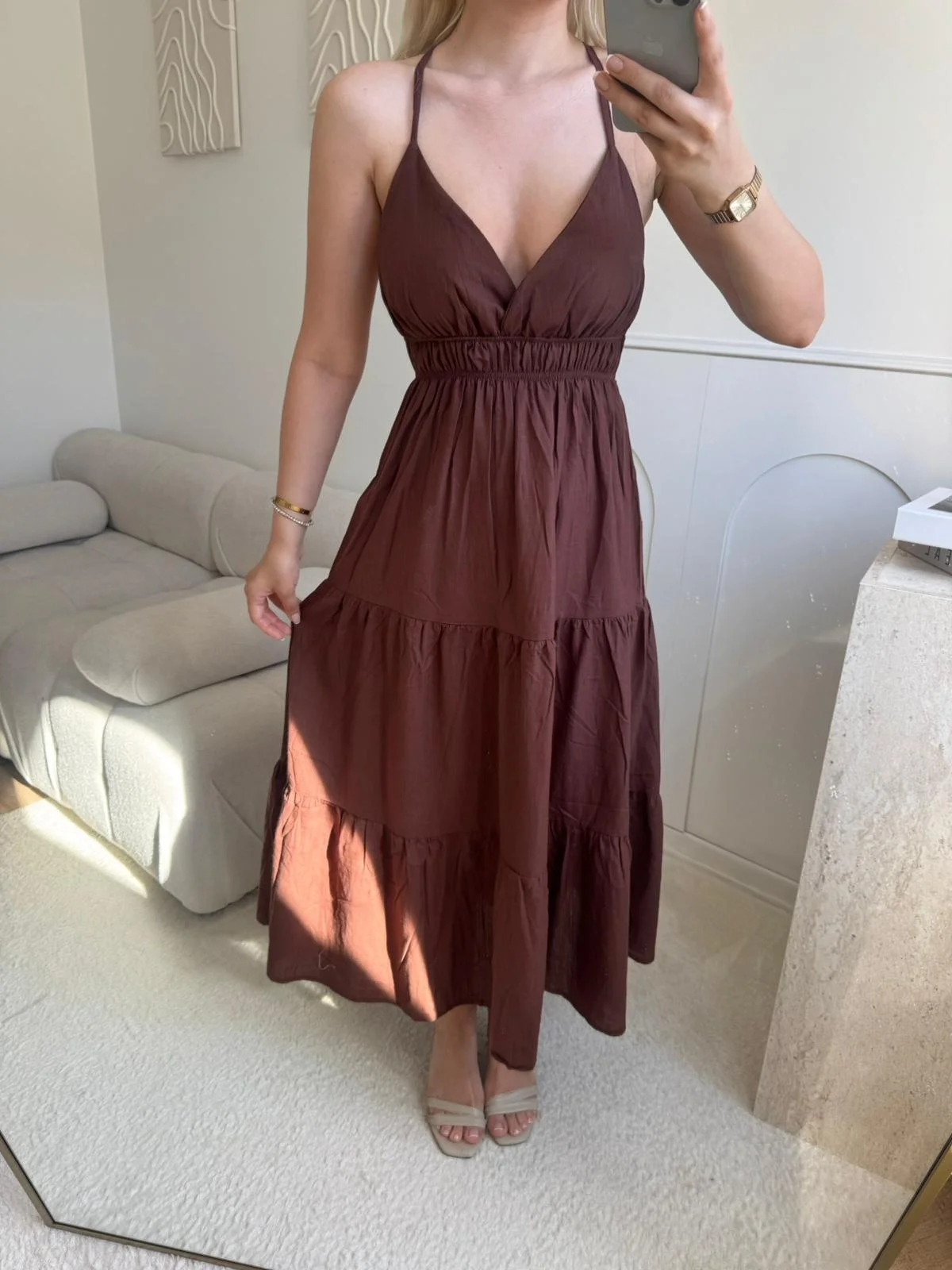 Sırt Çapraz Askılı Elbise - KAHVE