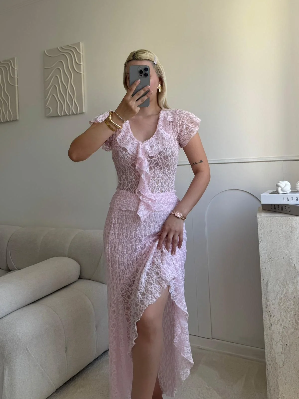 Volanlı Dantel İkili Takım - PEMBE