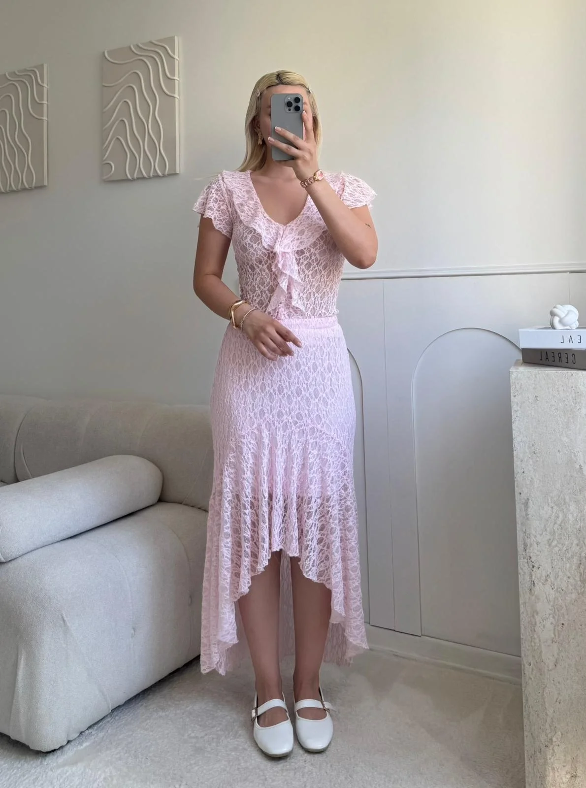 Volanlı Dantel İkili Takım - PEMBE