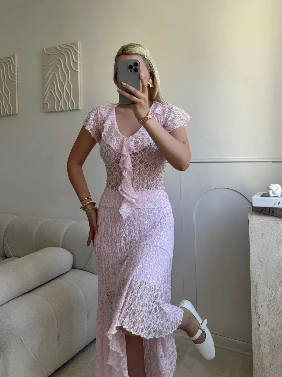 Volanlı Dantel İkili Takım - PEMBE