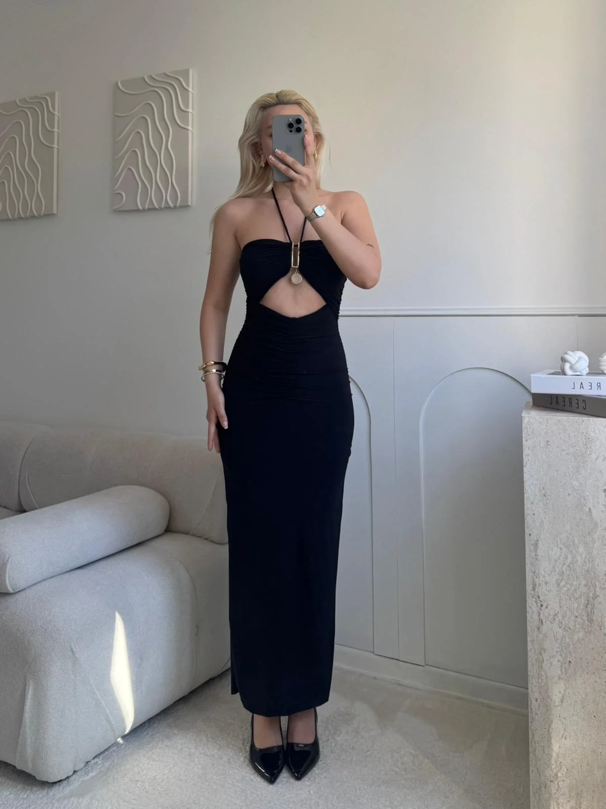 Halter Aksesuar Maxi Elbise - SİYAH
