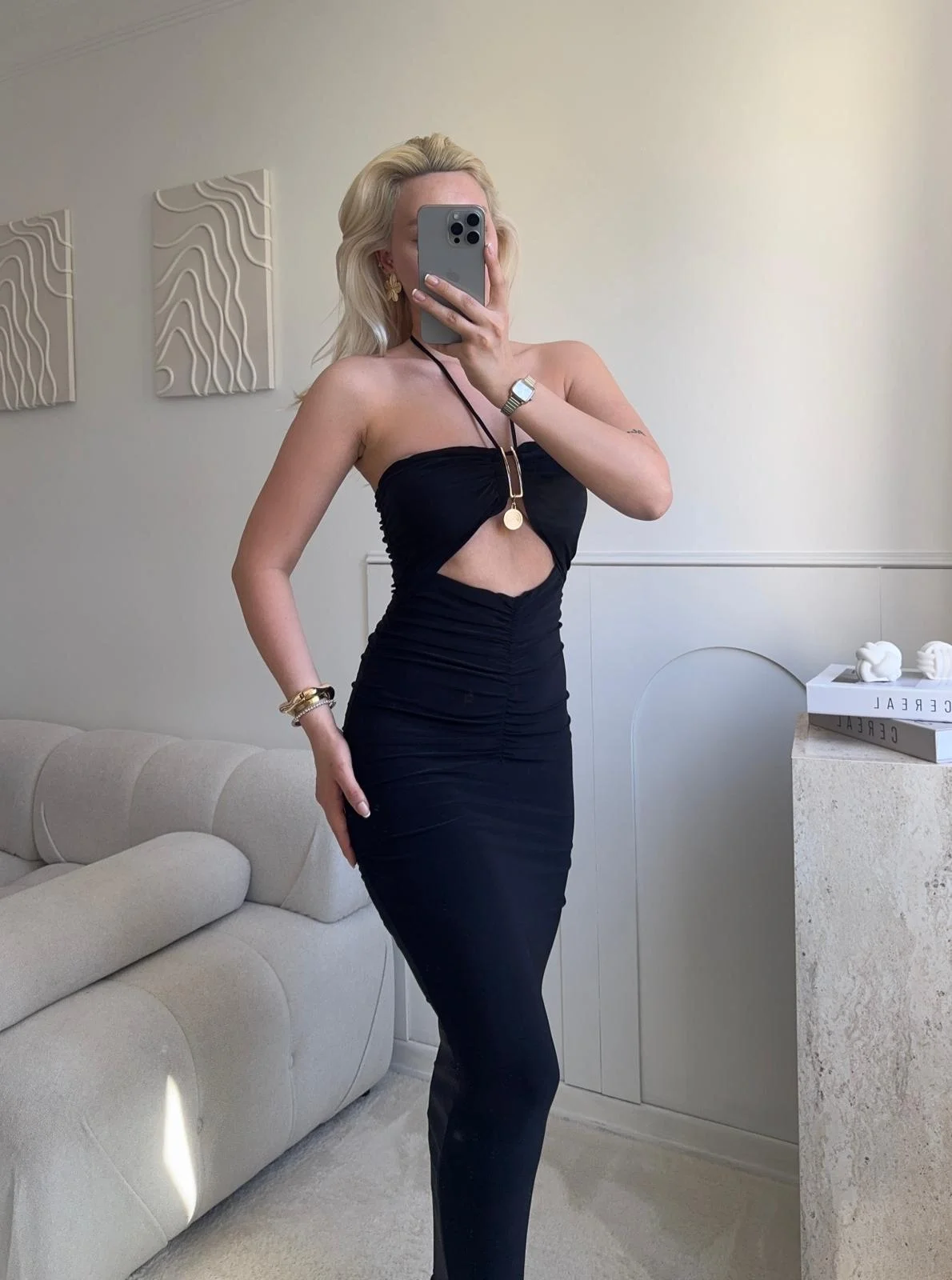 Halter Aksesuar Maxi Elbise - SİYAH