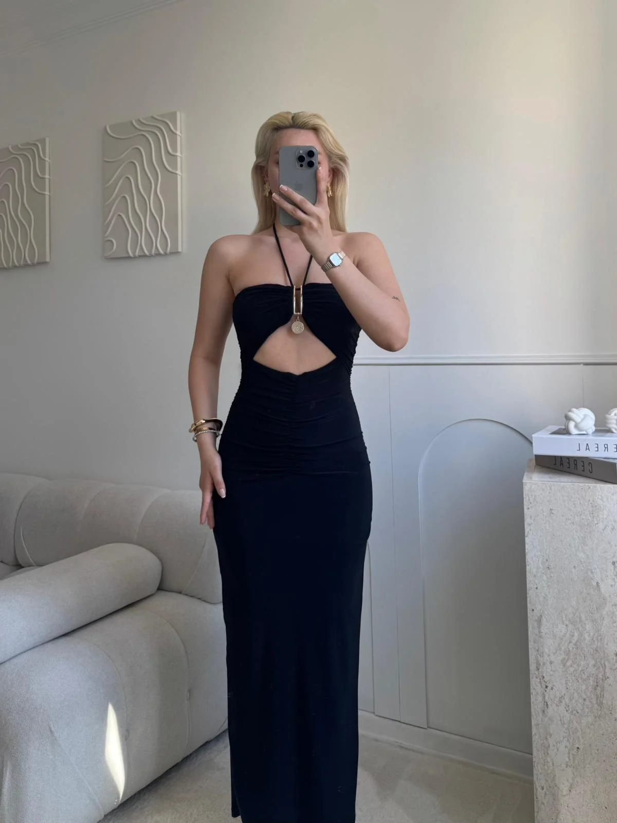 Halter Aksesuar Maxi Elbise - SİYAH
