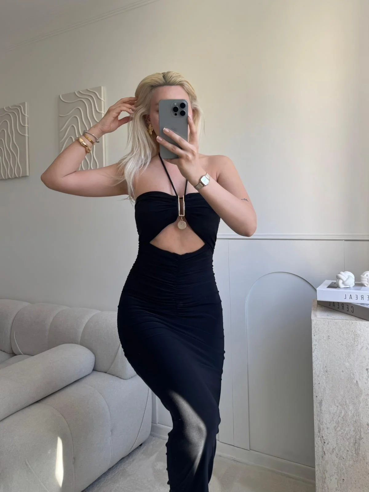 Halter Aksesuar Maxi Elbise - SİYAH