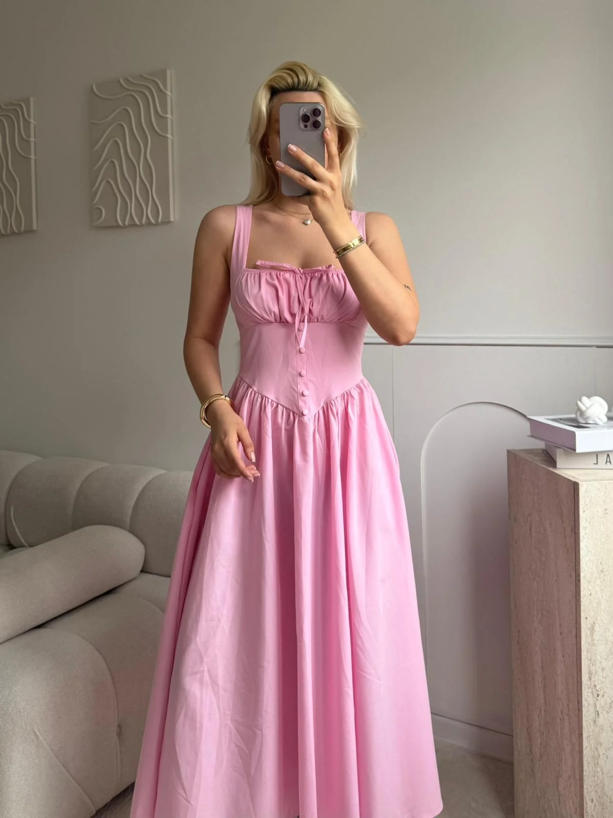 Bel Korse Askılı Prenses Elbise - PEMBE