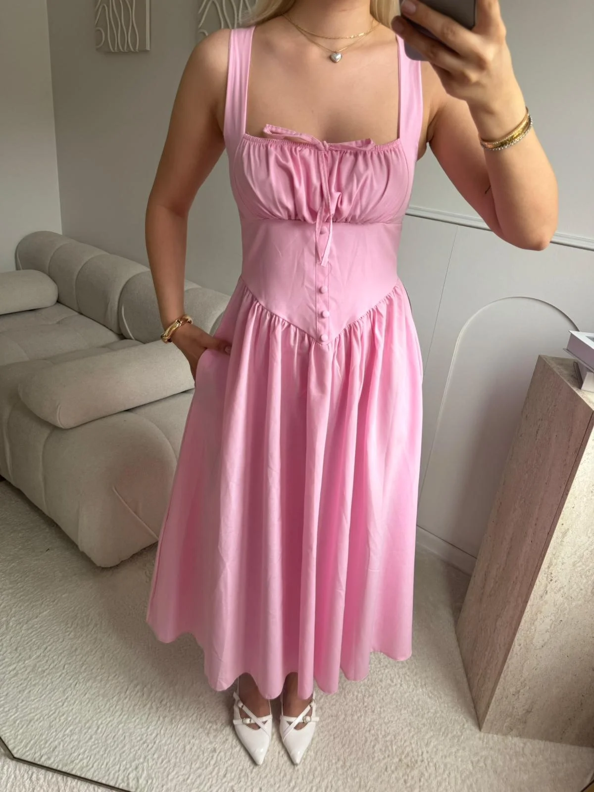 Bel Korse Askılı Prenses Elbise - PEMBE
