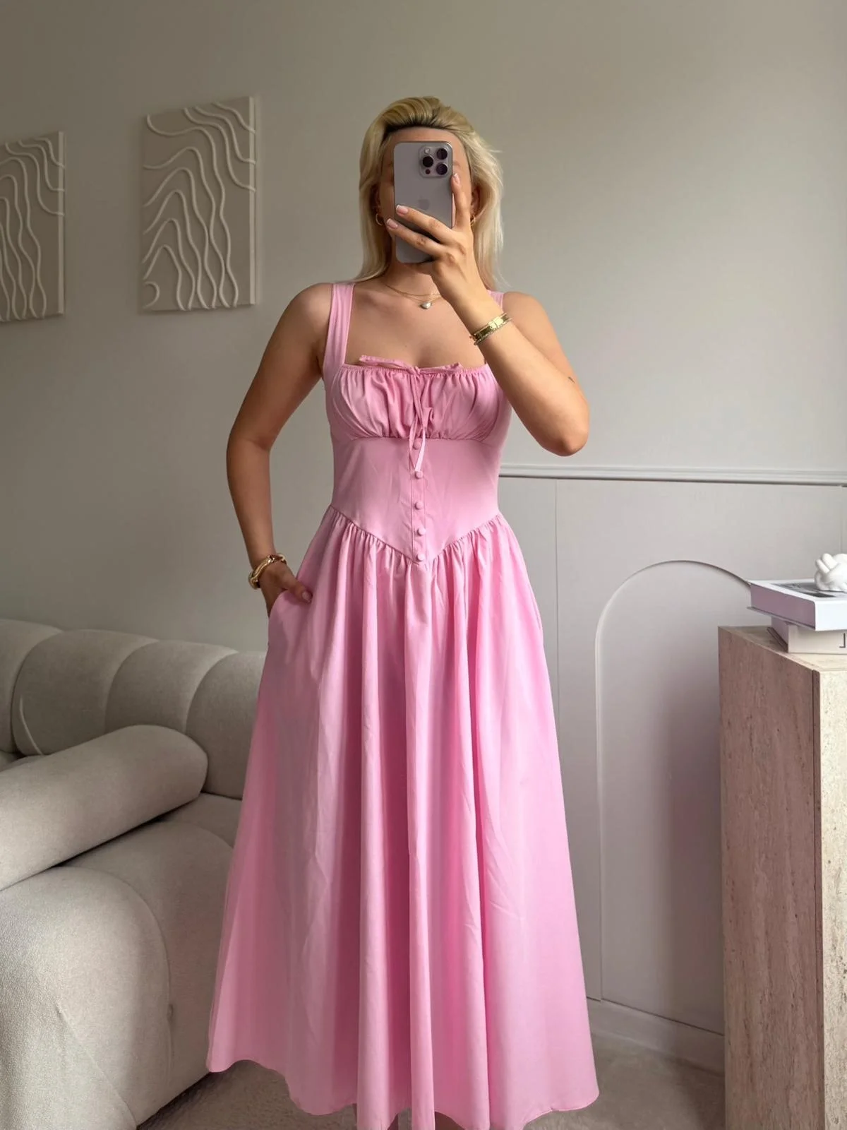 Bel Korse Askılı Prenses Elbise - PEMBE