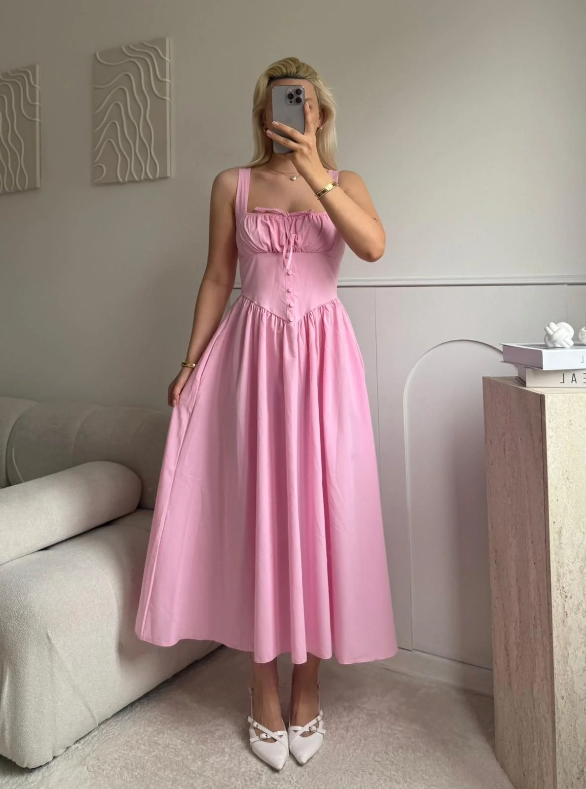 Bel Korse Askılı Prenses Elbise - PEMBE
