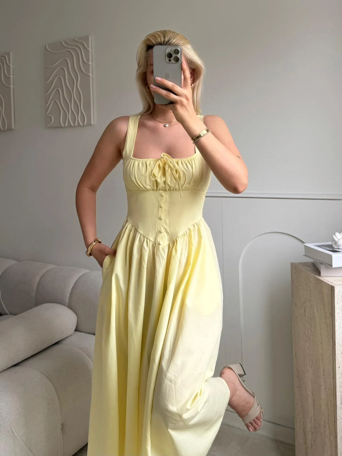 Bel Korse Askılı Prenses Elbise - SARI